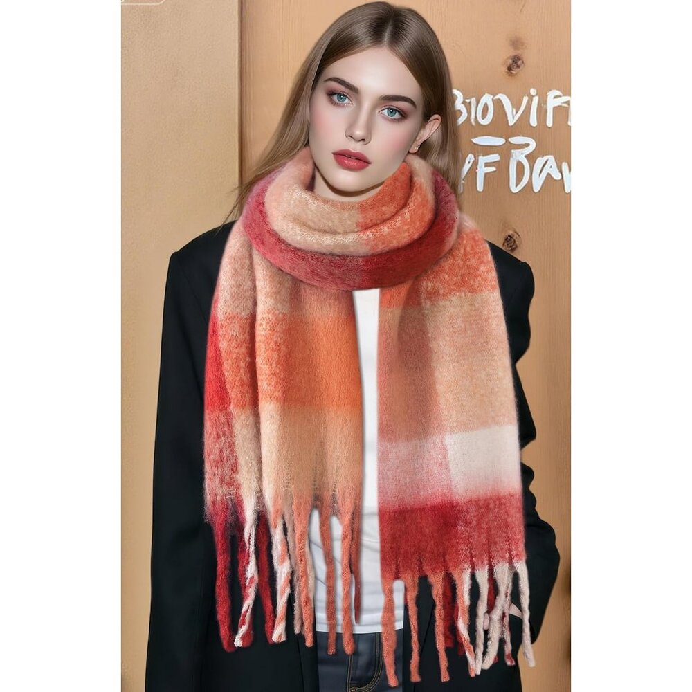 Women's Red Brown Vintage Chunky Feel Blanket Pashmina Winter Warm Wrap Scarfs - Picture 5 of 8